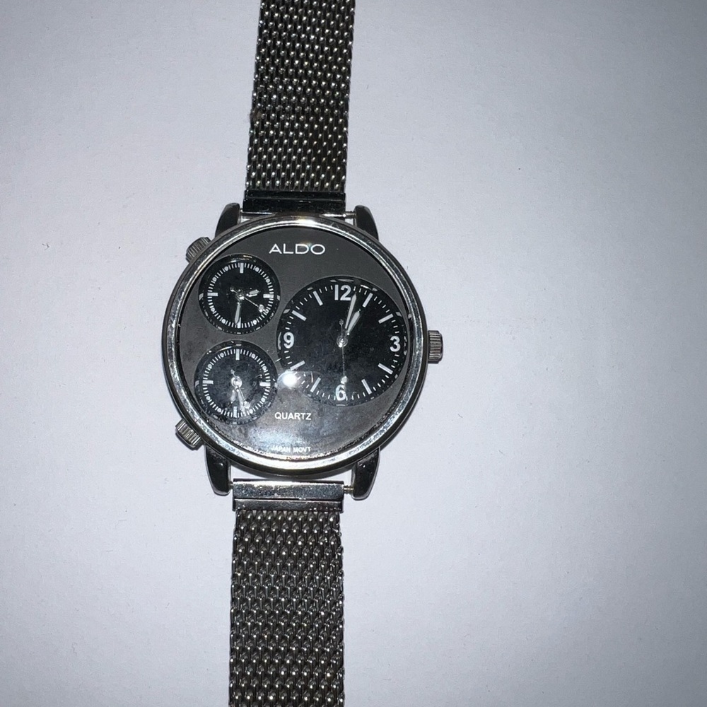 Aldo Watch Round Multi-Dialed Face Black Band w/ Chrome Accents 50mm dial